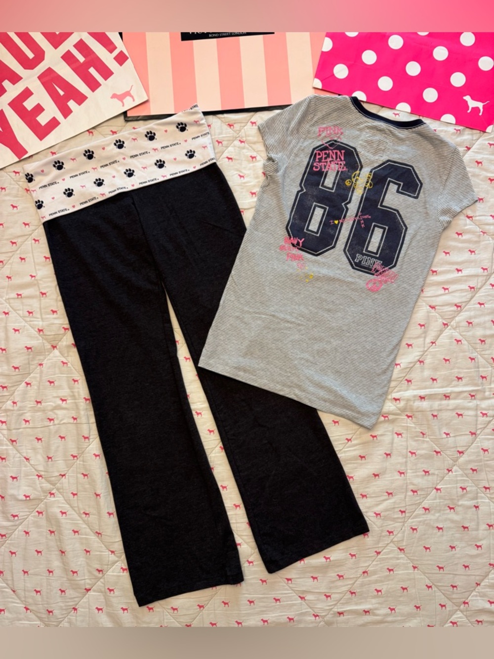 VS PINK VINTAGE Y2K SET FOLDOVER FLARE LEGGINGS & TEE PENN STATE NITTANY LIONS